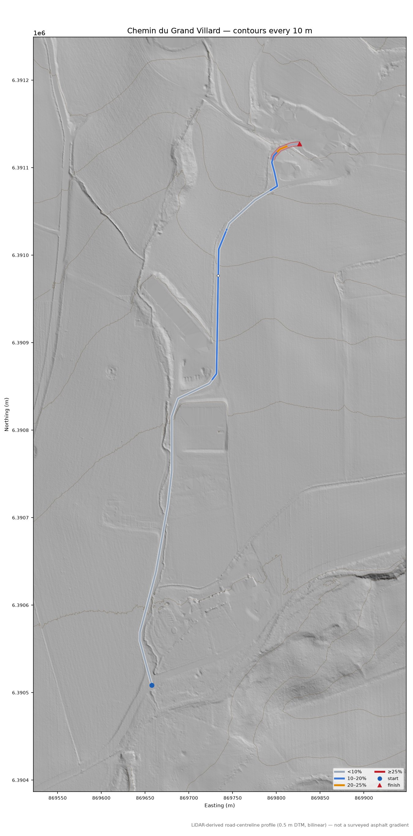 Chemin du Grand Villard LiDAR hillshade map with contours