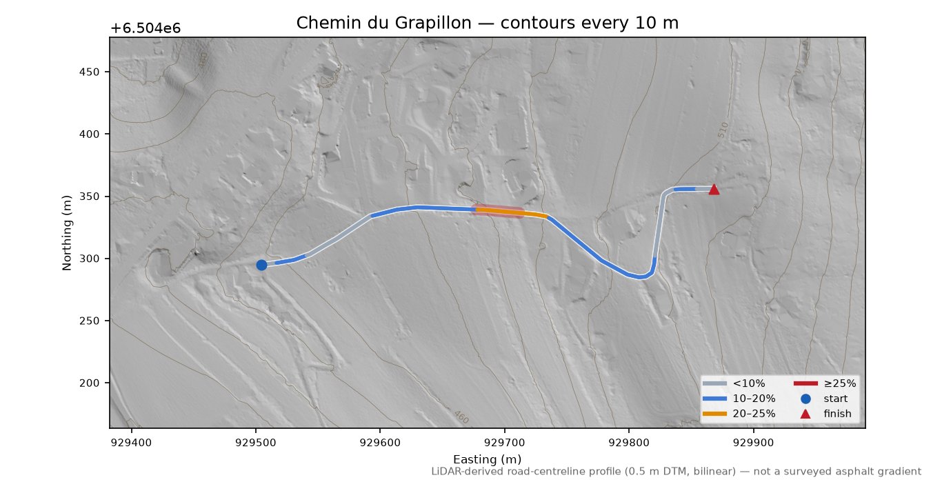 Chemin du Grapillon LiDAR hillshade map with contours