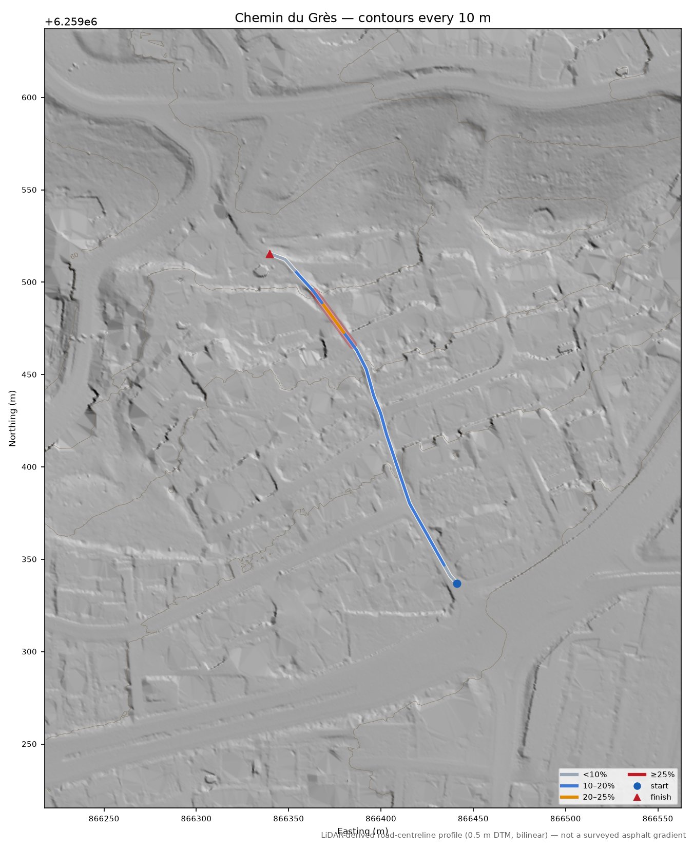 Chemin du Grès LiDAR hillshade map with contours