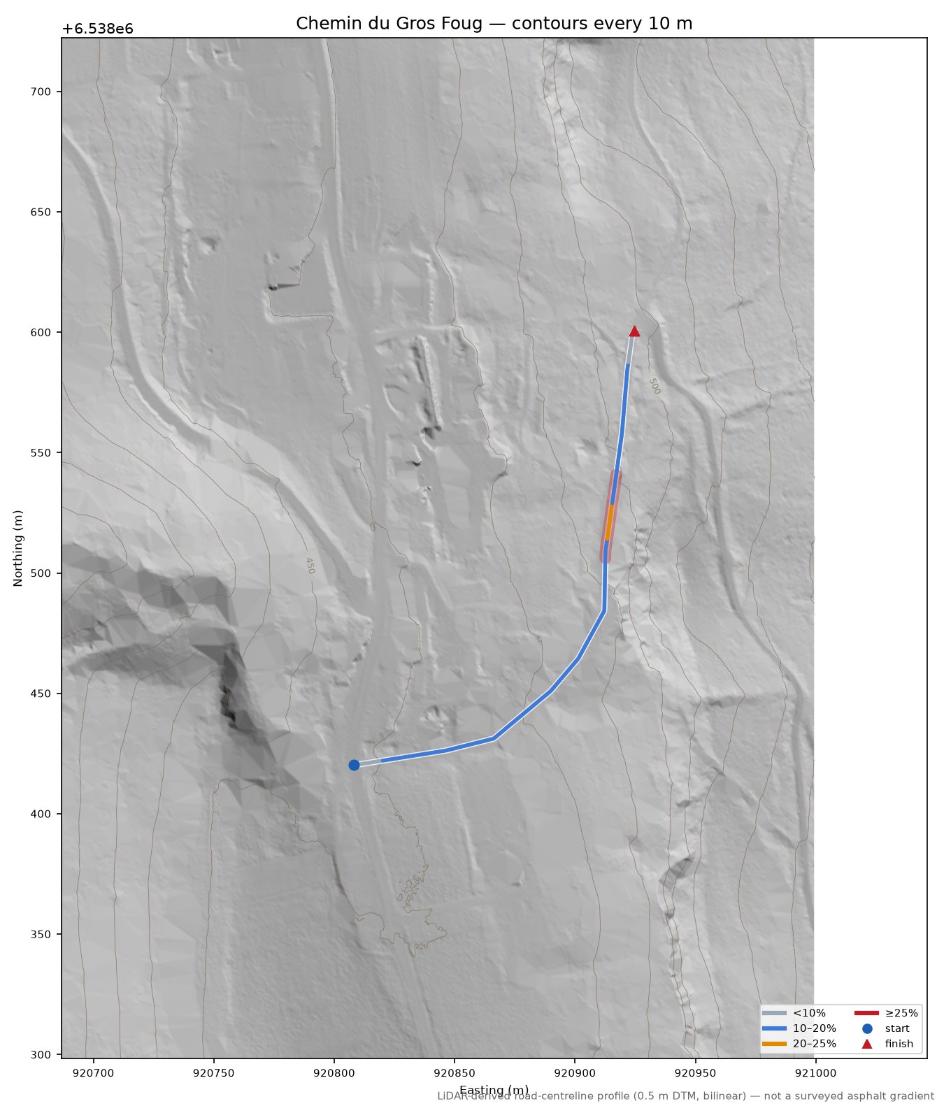 Chemin du Gros Foug LiDAR hillshade map with contours