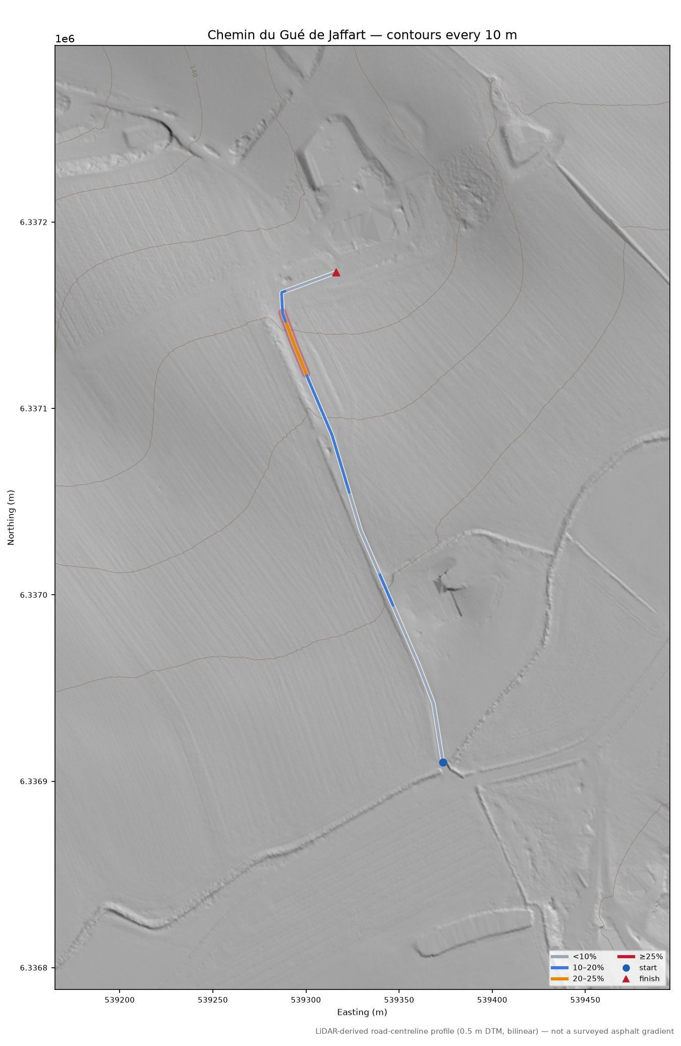 Chemin du Gué de Jaffart LiDAR hillshade map with contours