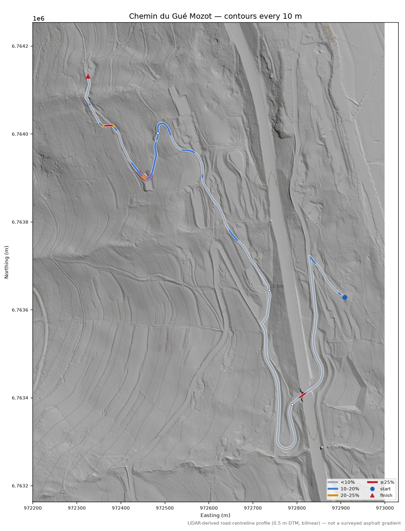 Chemin du Gué Mozot LiDAR hillshade map with contours