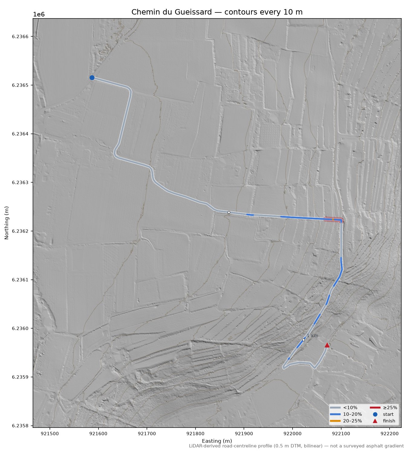 Chemin du Gueissard LiDAR hillshade map with contours