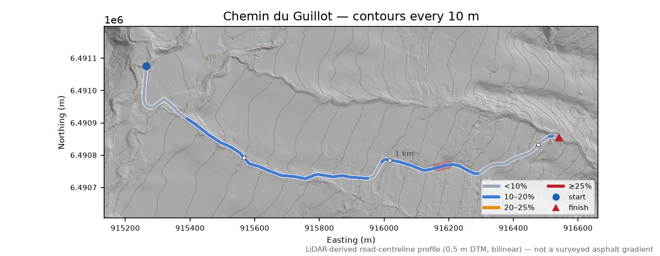 Chemin du Guillot LiDAR hillshade map with contours