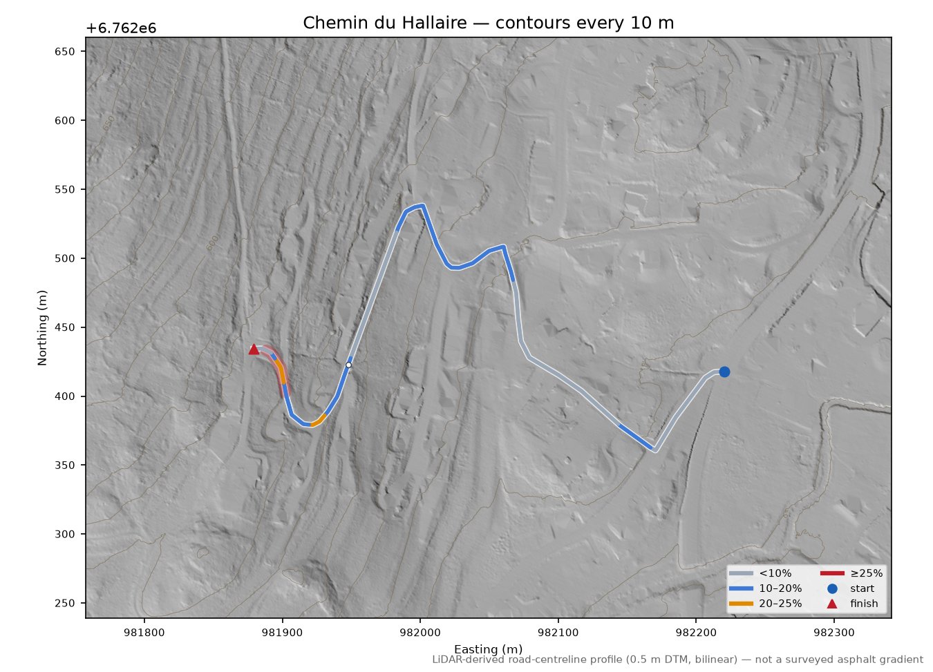 Chemin du Hallaire LiDAR hillshade map with contours