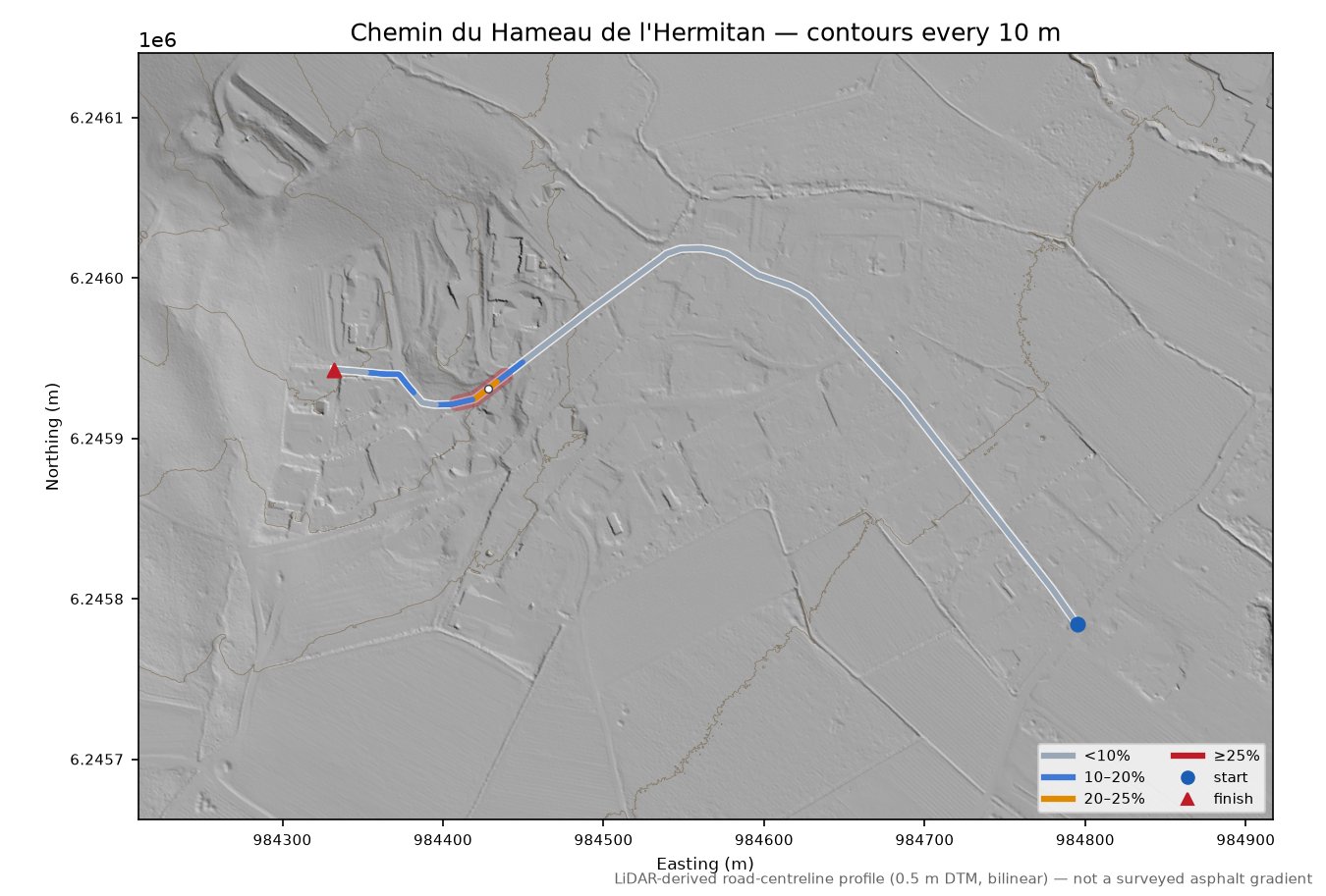 Chemin du Hameau de l'Hermitan LiDAR hillshade map with contours