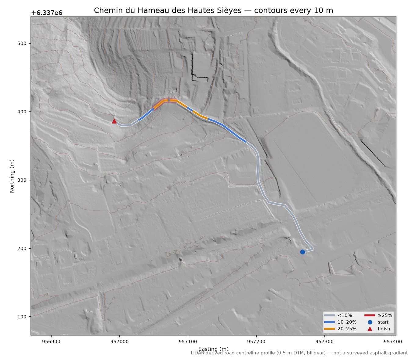 Chemin du Hameau des Hautes Sièyes LiDAR hillshade map with contours