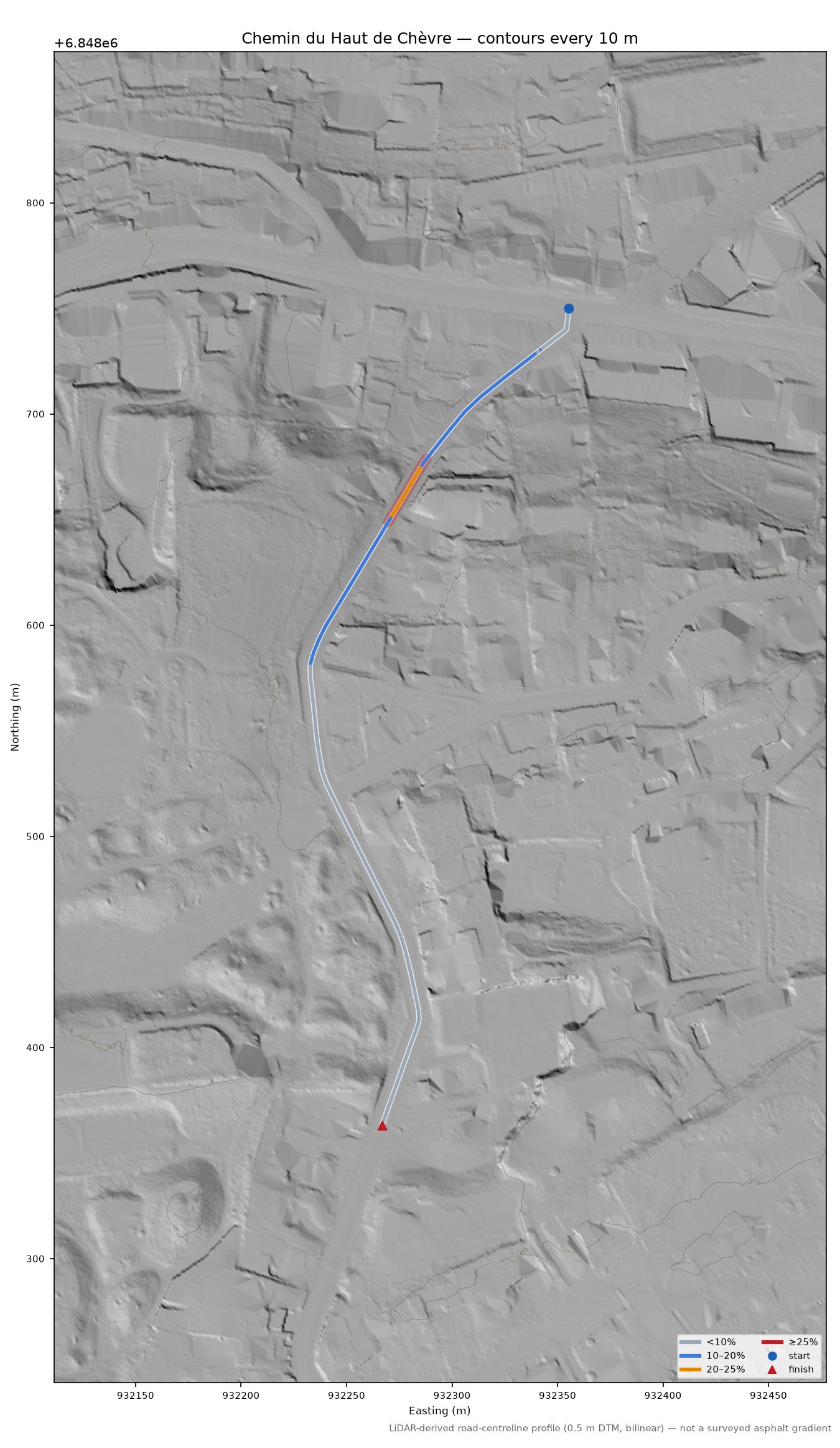 Chemin du Haut de Chèvre LiDAR hillshade map with contours
