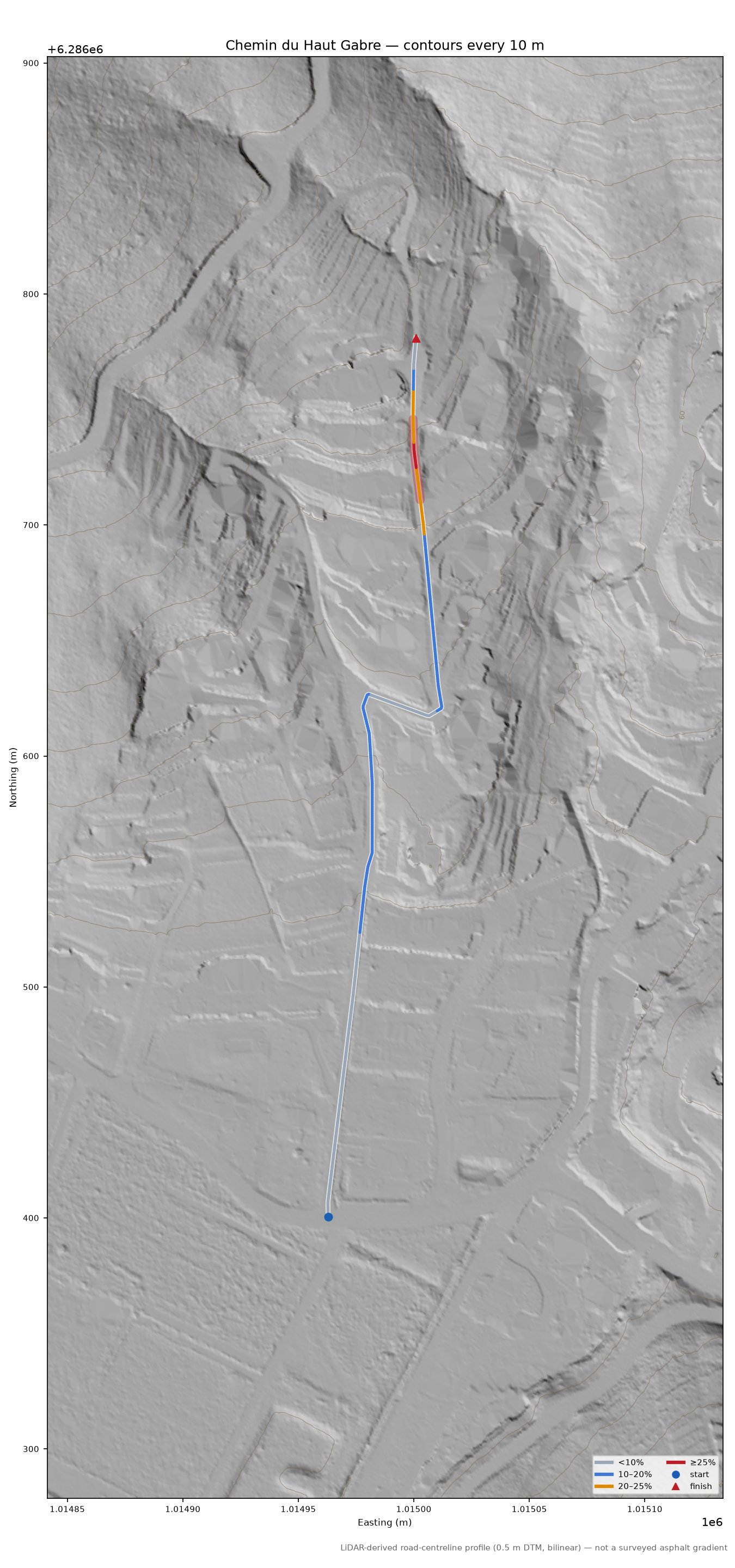 Chemin du Haut Gabre LiDAR hillshade map with contours