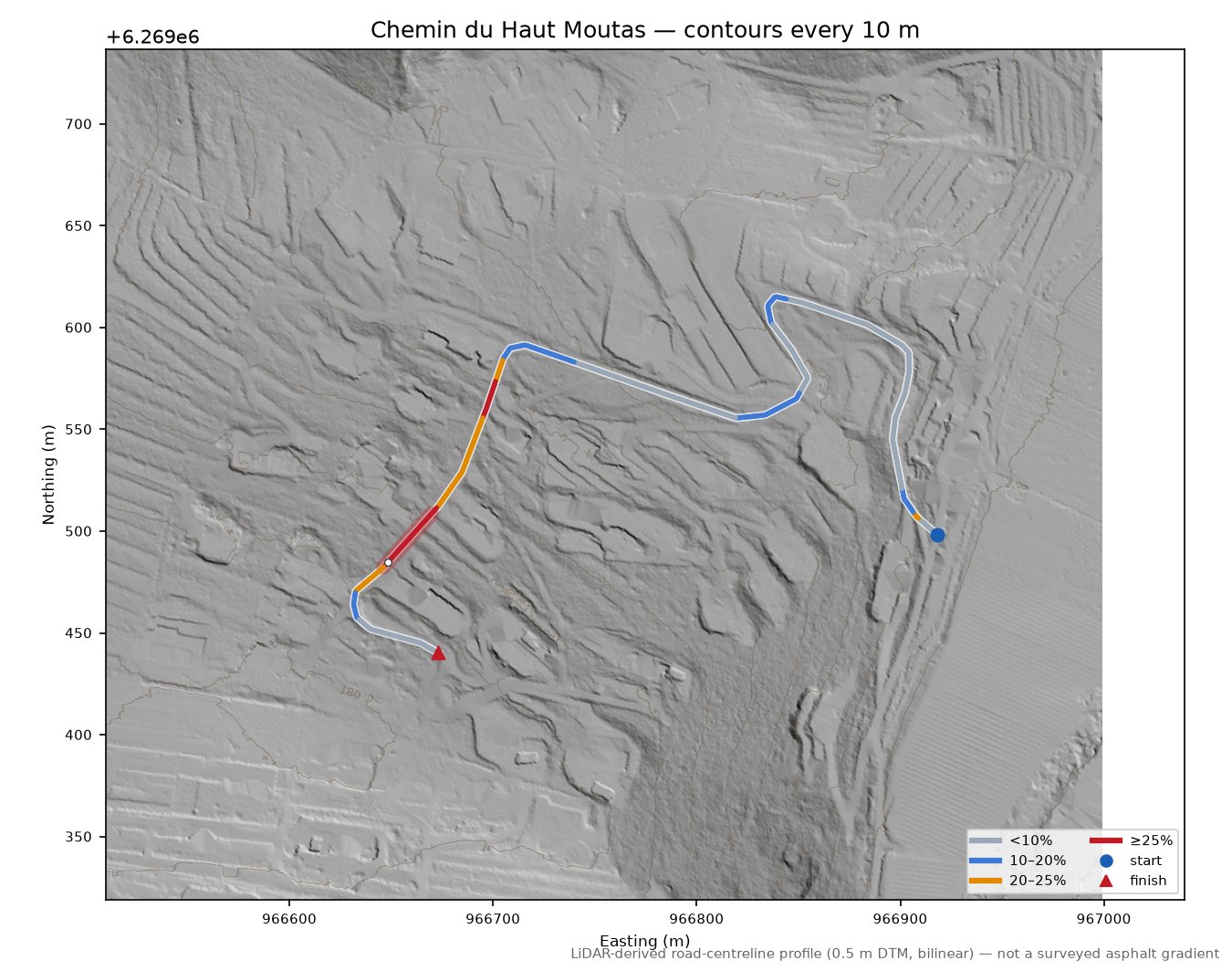 Chemin du Haut Moutas LiDAR hillshade map with contours