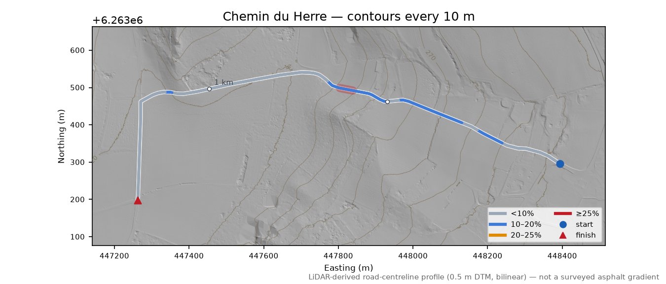 Chemin du Herre LiDAR hillshade map with contours