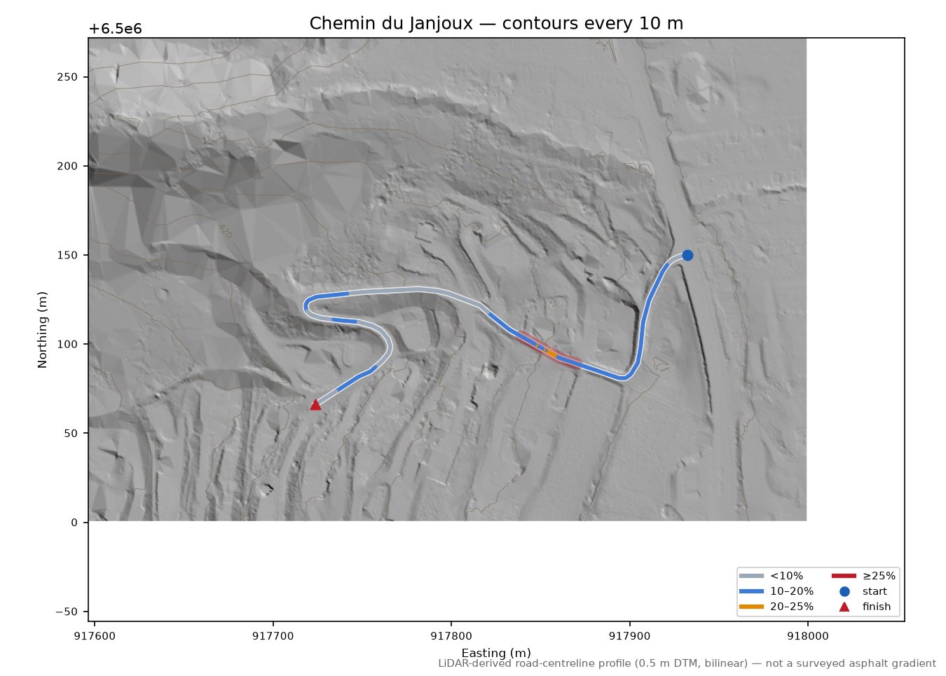 Chemin du Janjoux LiDAR hillshade map with contours