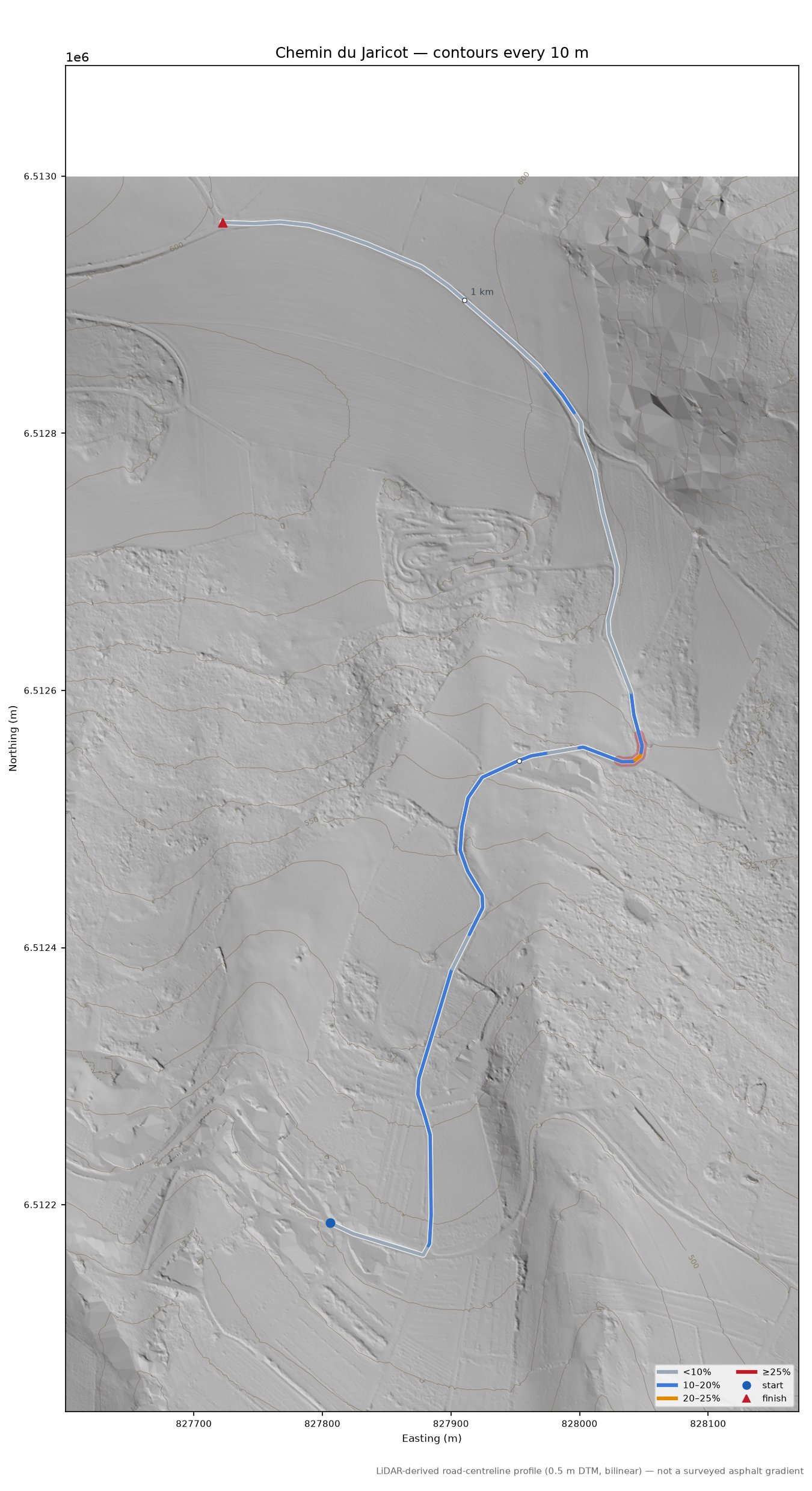 Chemin du Jaricot LiDAR hillshade map with contours