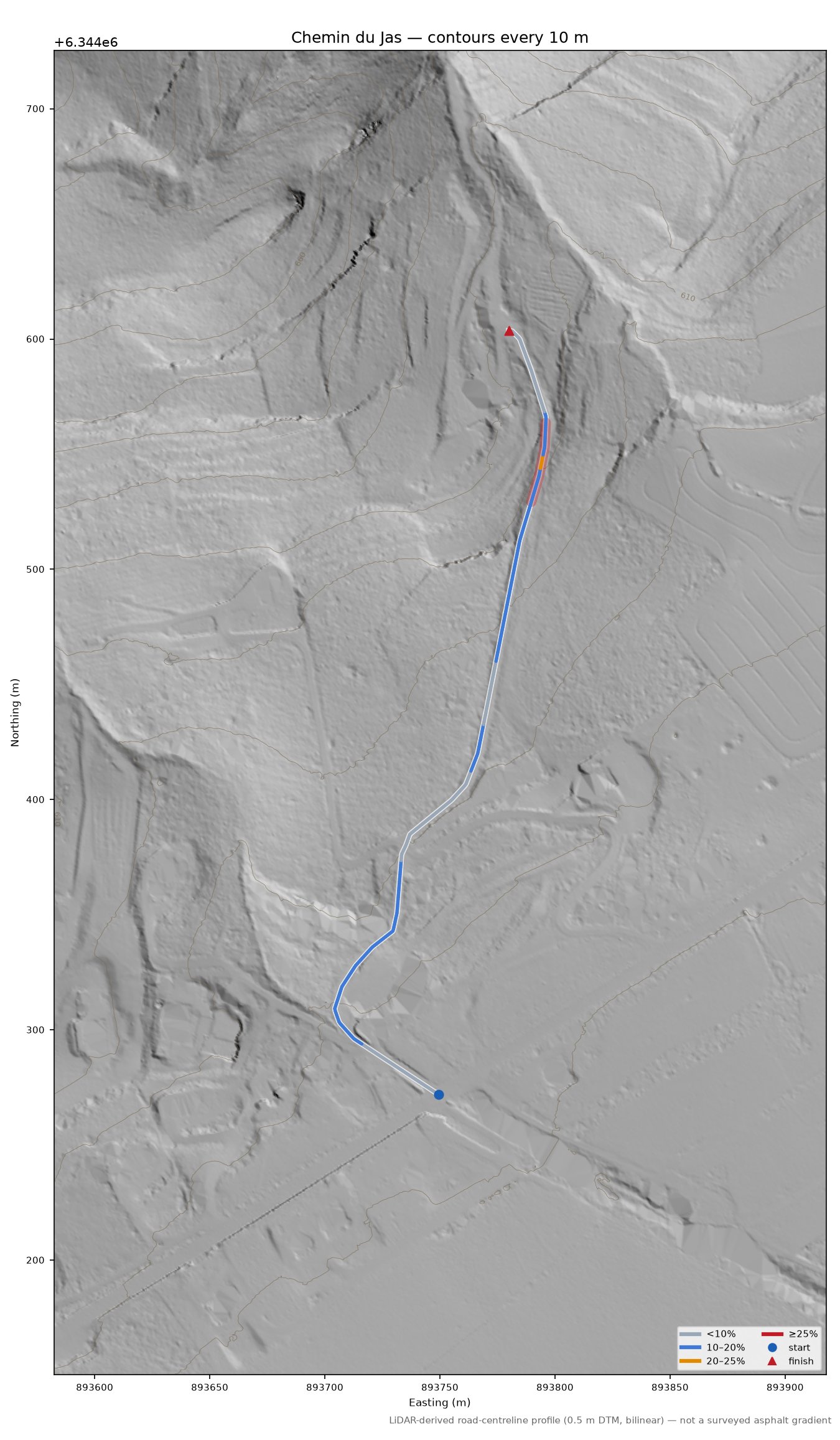 Chemin du Jas LiDAR hillshade map with contours