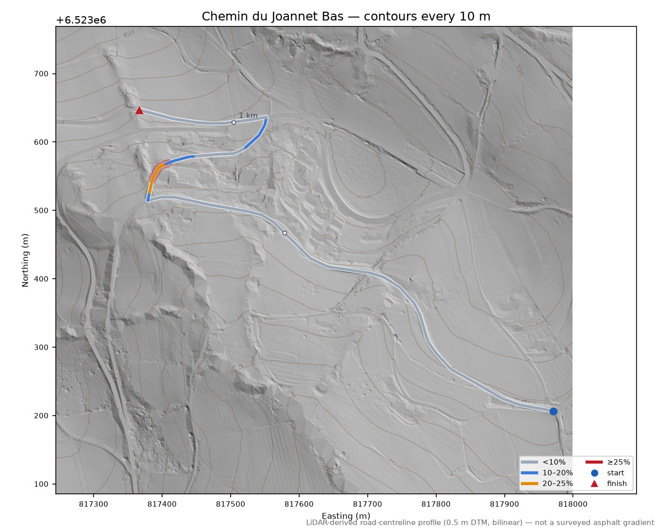 Chemin du Joannet Bas LiDAR hillshade map with contours