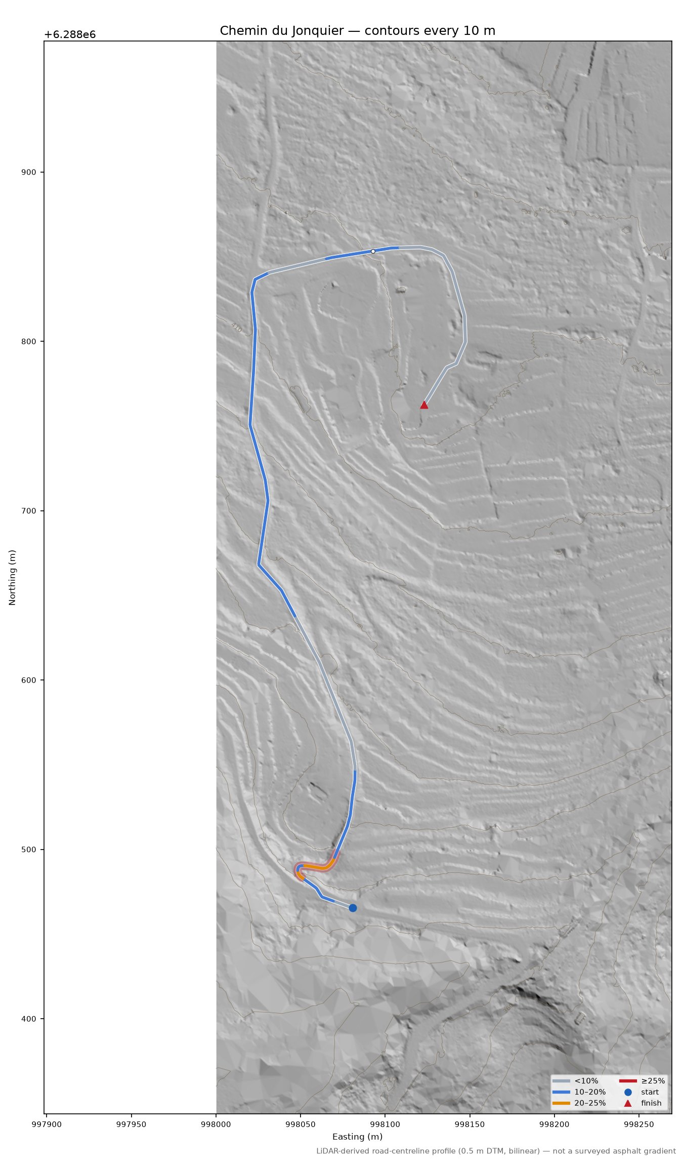 Chemin du Jonquier LiDAR hillshade map with contours