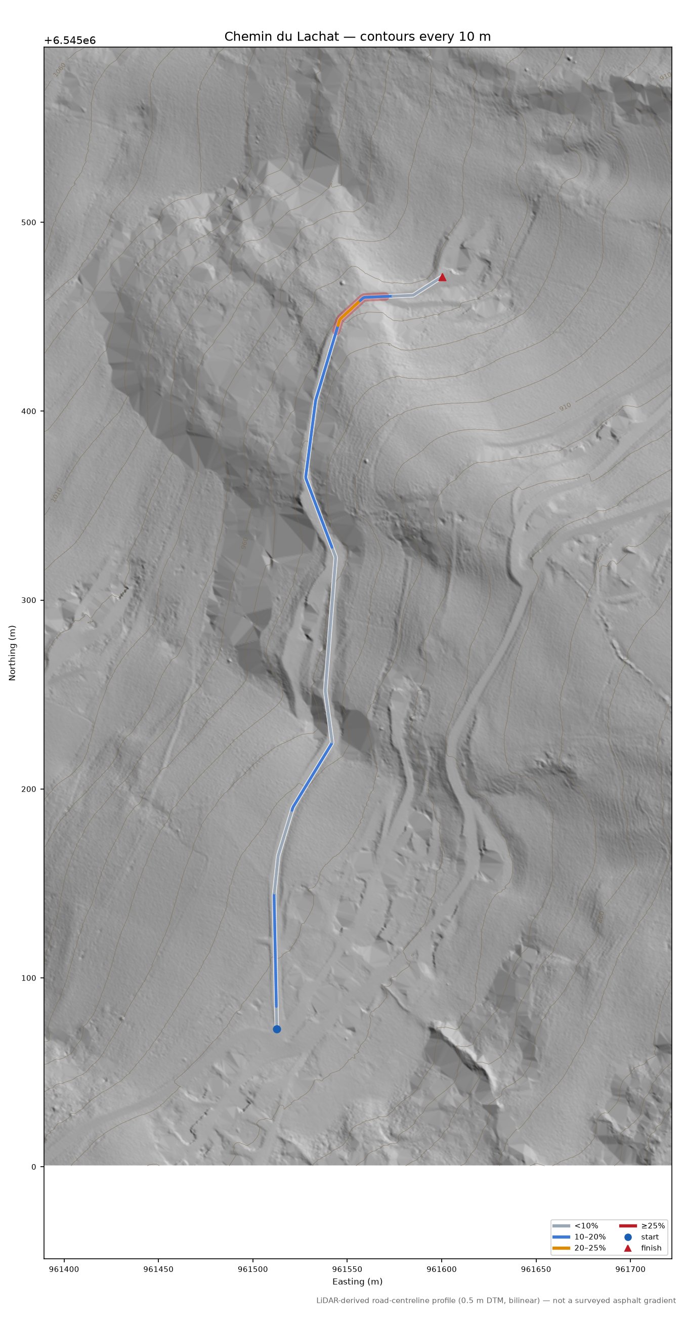 Chemin du Lachat LiDAR hillshade map with contours