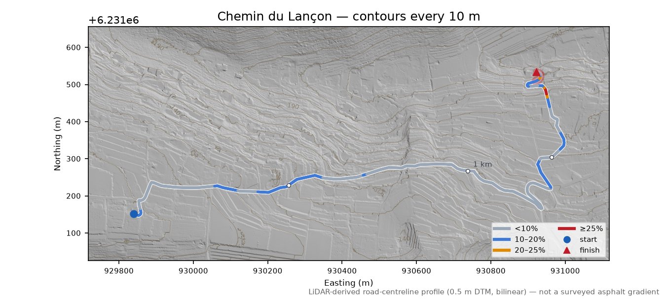 Chemin du Lançon LiDAR hillshade map with contours