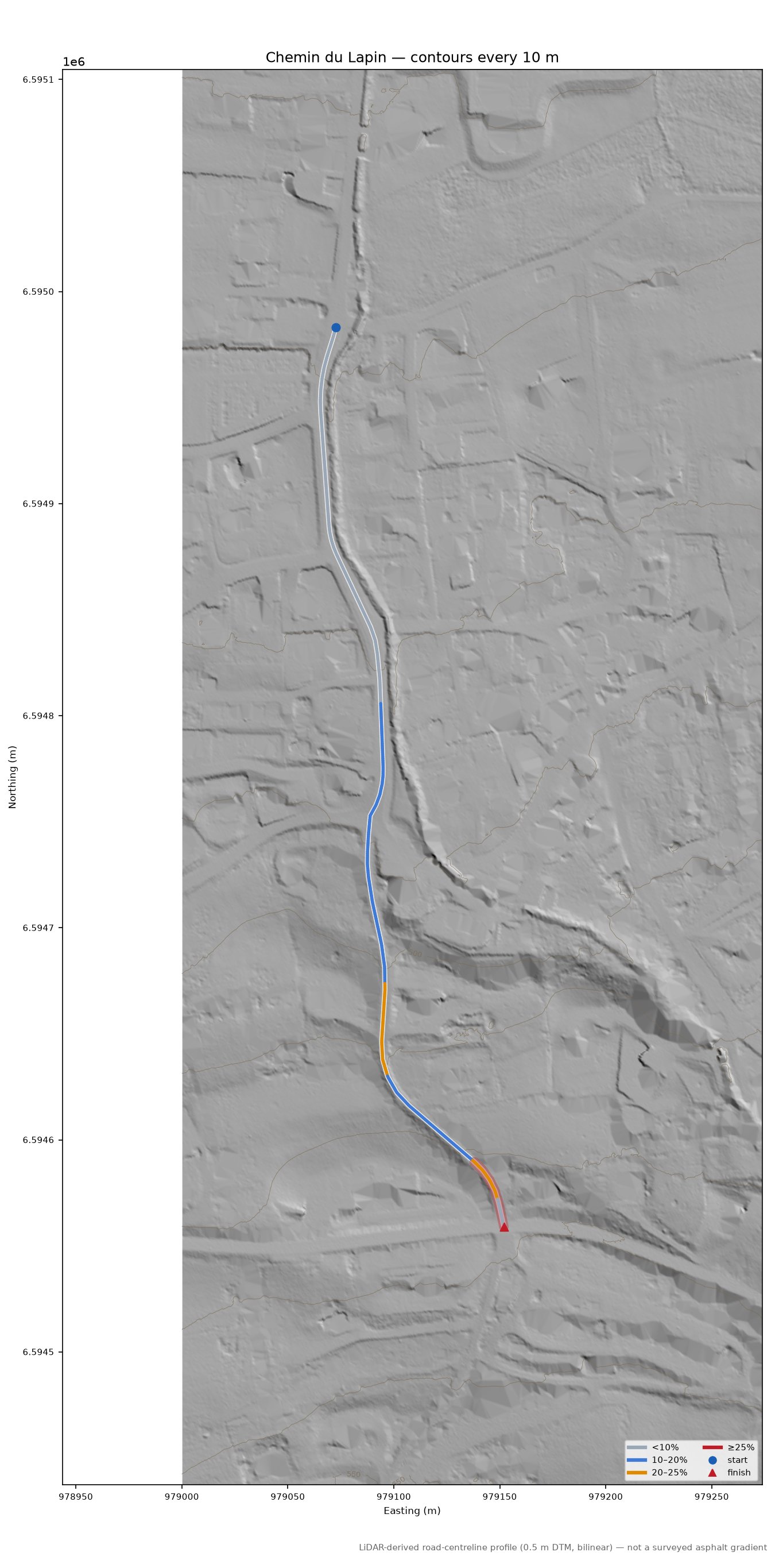 Chemin du Lapin LiDAR hillshade map with contours