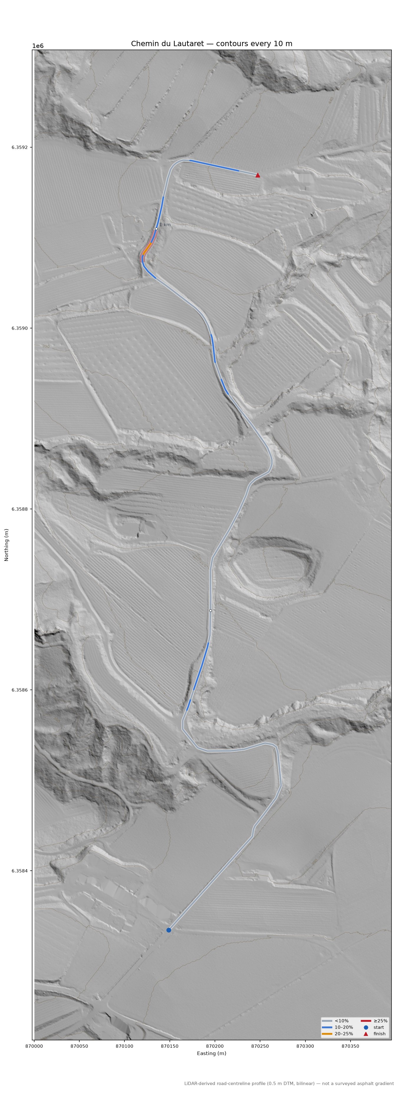 Chemin du Lautaret LiDAR hillshade map with contours