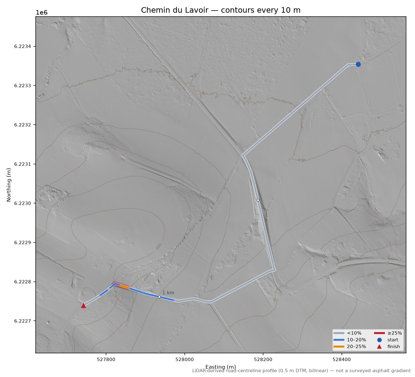 Chemin du Lavoir LiDAR hillshade map with contours