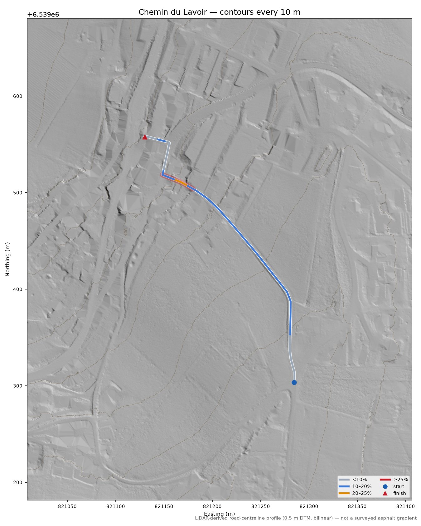 Chemin du Lavoir LiDAR hillshade map with contours