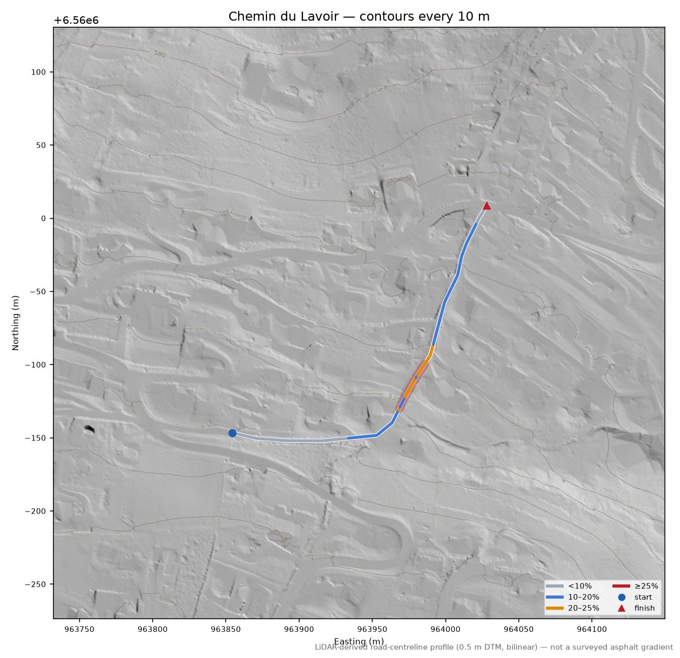 Chemin du Lavoir LiDAR hillshade map with contours
