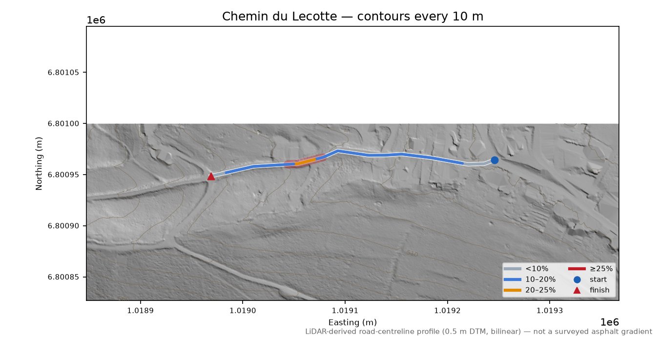 Chemin du Lecotte LiDAR hillshade map with contours
