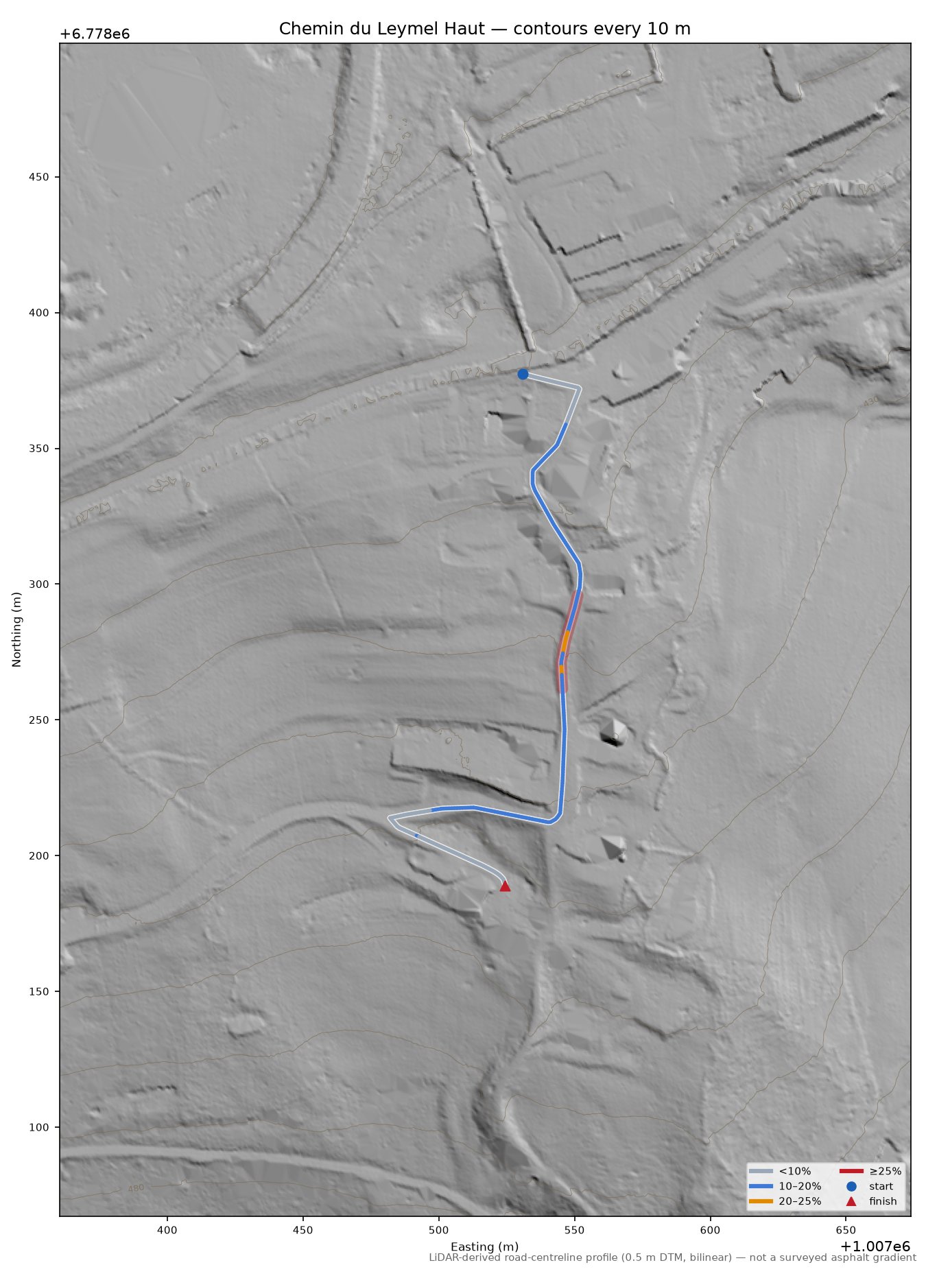 Chemin du Leymel Haut LiDAR hillshade map with contours