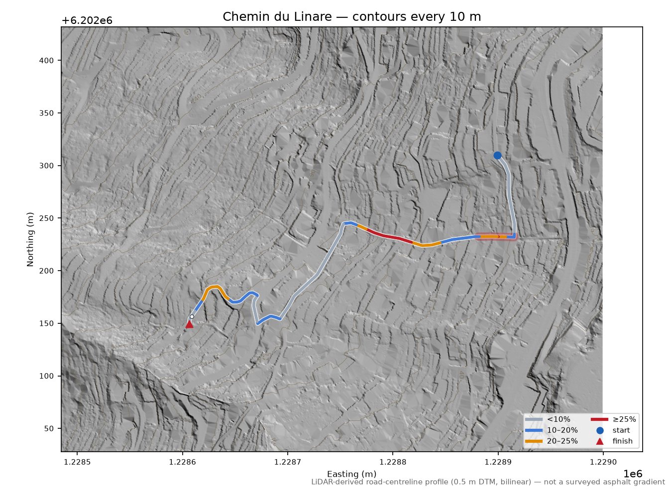 Chemin du Linare LiDAR hillshade map with contours