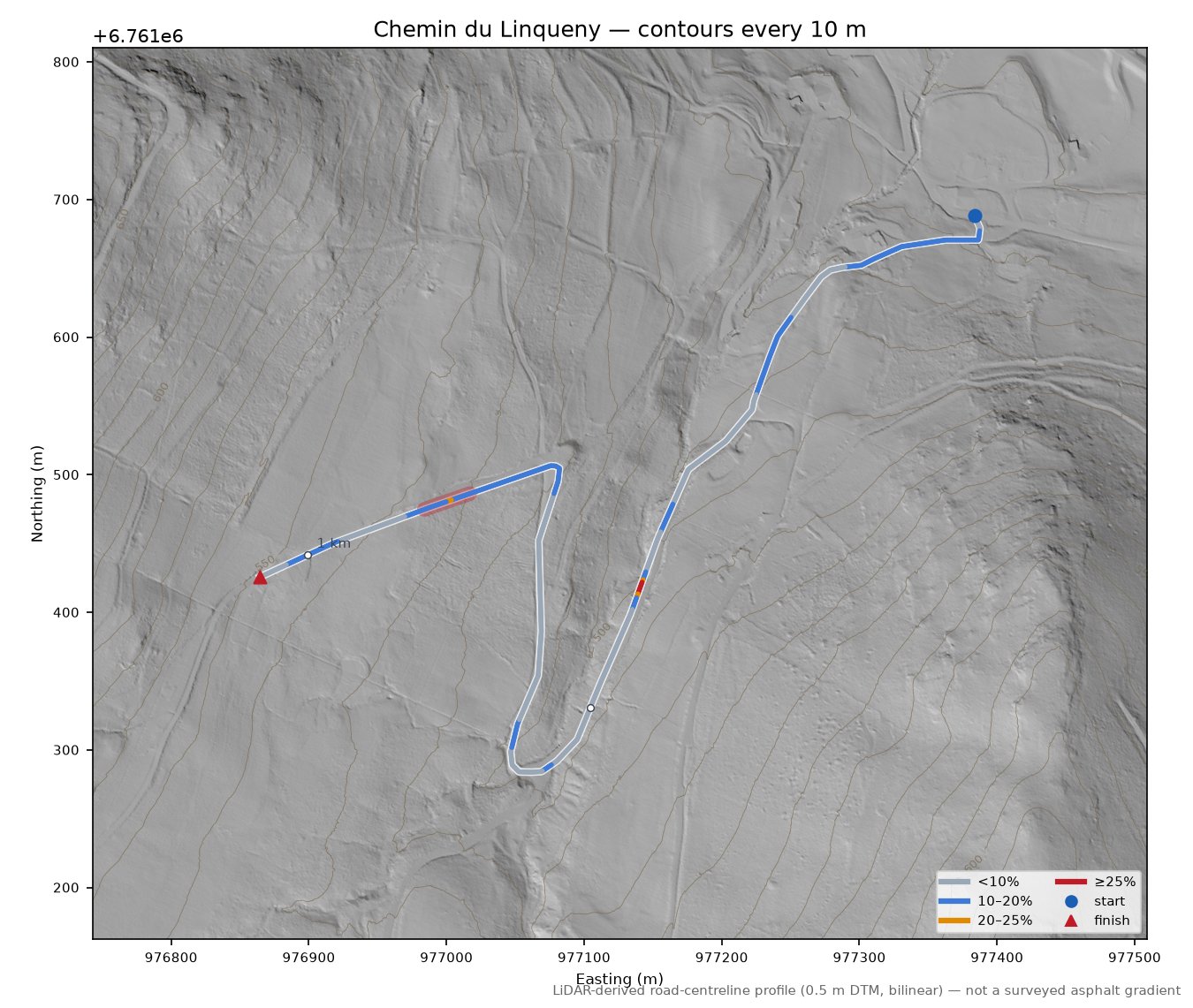 Chemin du Linqueny LiDAR hillshade map with contours