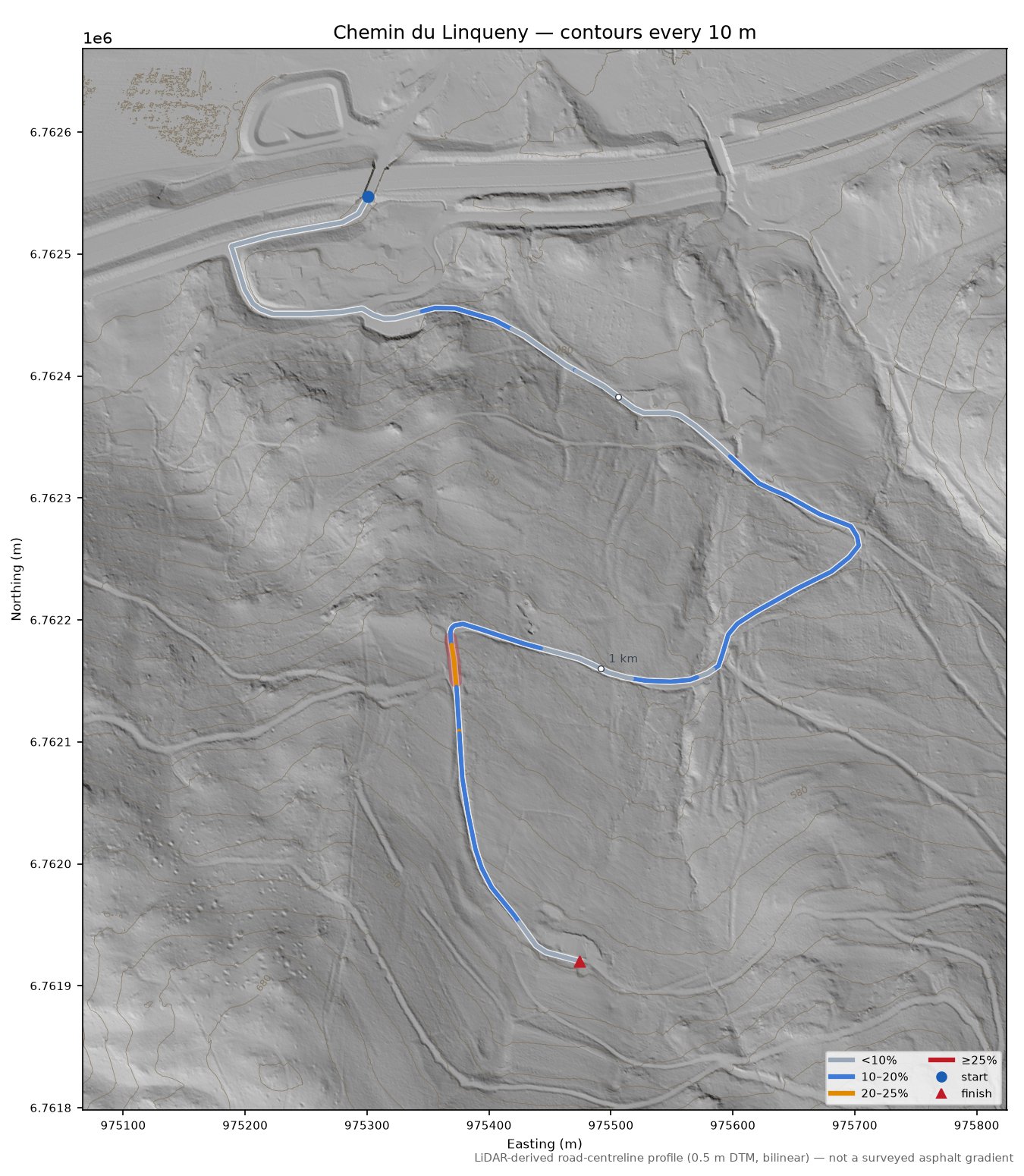 Chemin du Linqueny LiDAR hillshade map with contours