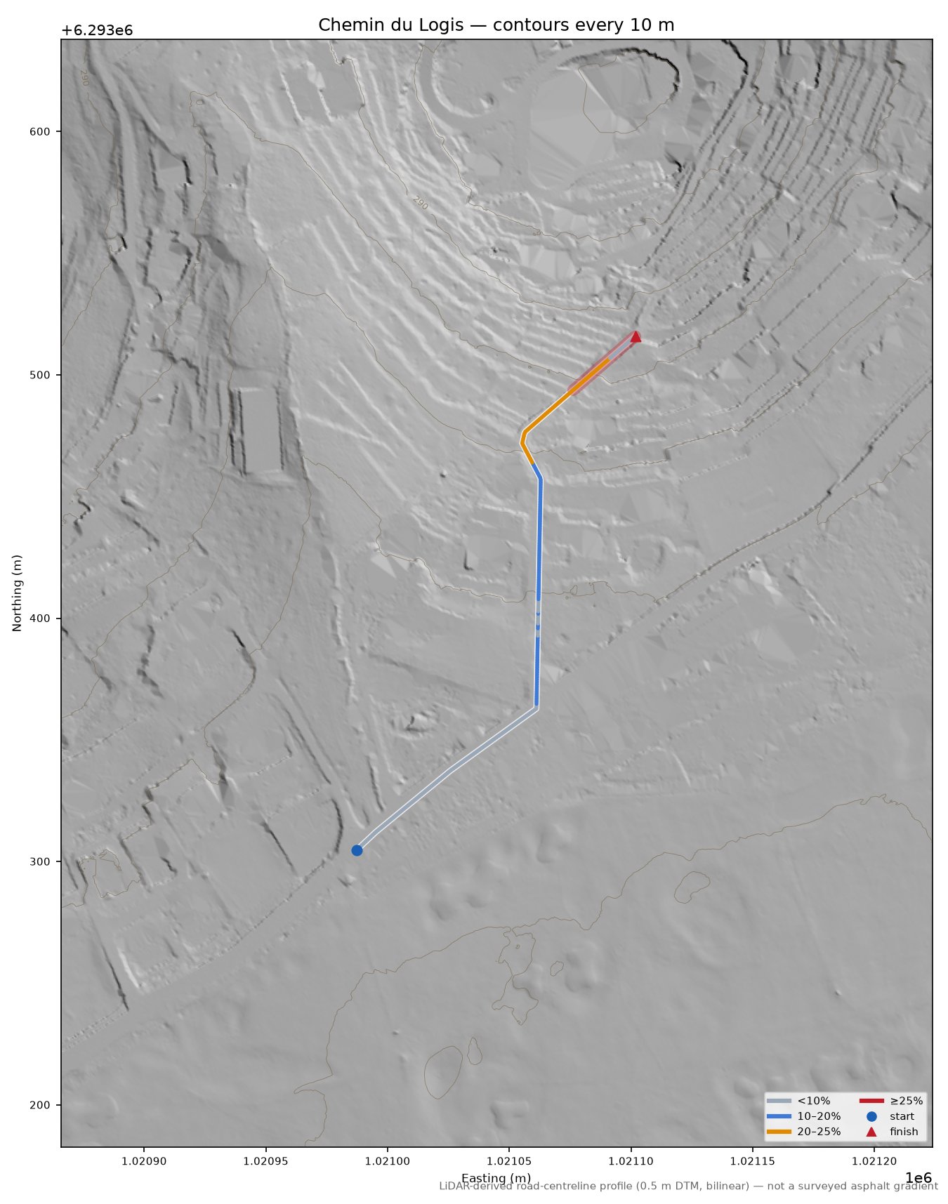 Chemin du Logis LiDAR hillshade map with contours