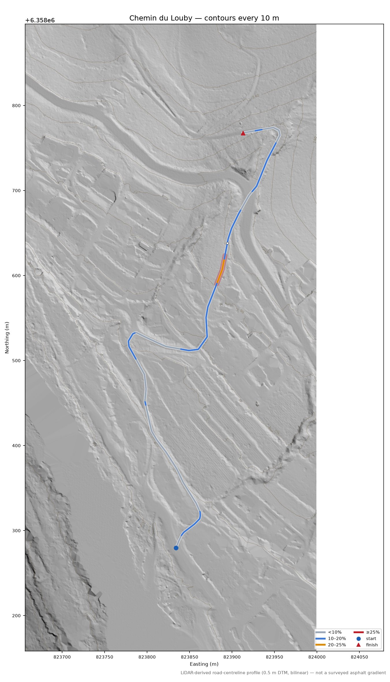 Chemin du Louby LiDAR hillshade map with contours