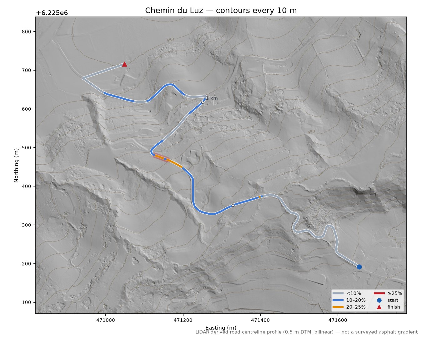Chemin du Luz LiDAR hillshade map with contours