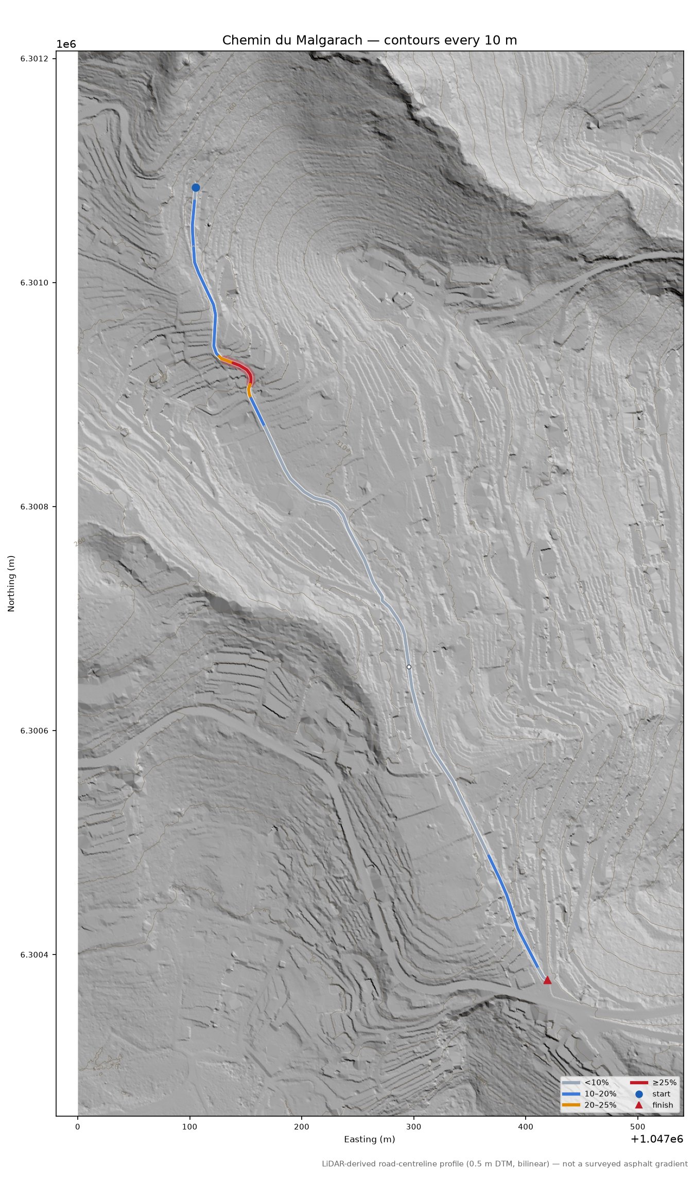 Chemin du Malgarach LiDAR hillshade map with contours