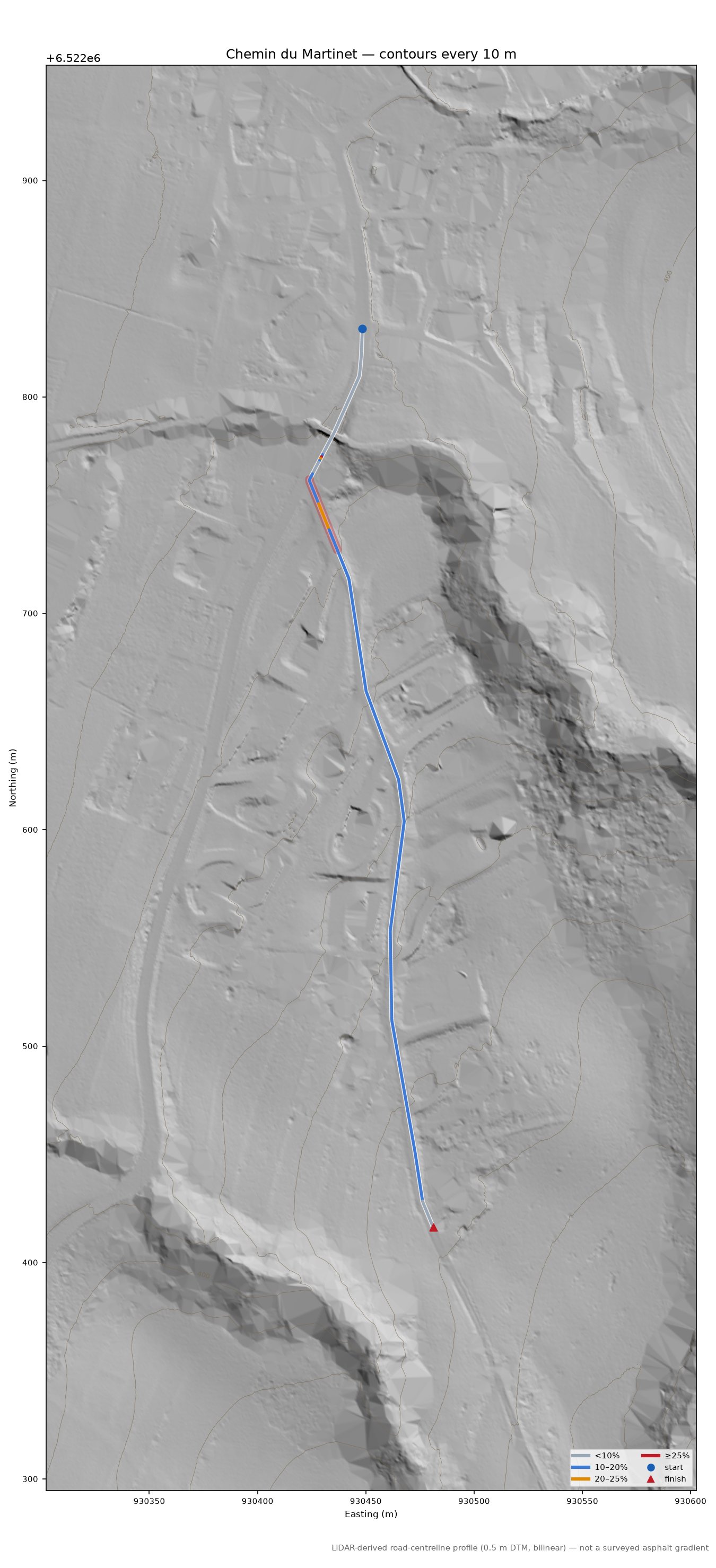 Chemin du Martinet LiDAR hillshade map with contours