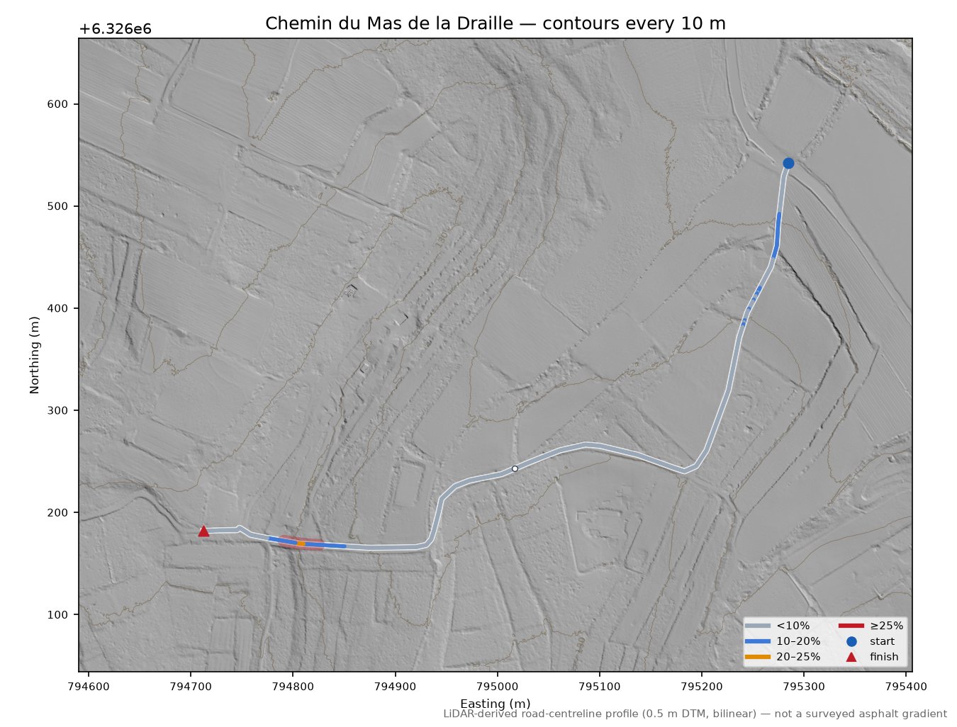 Chemin du Mas de la Draille LiDAR hillshade map with contours
