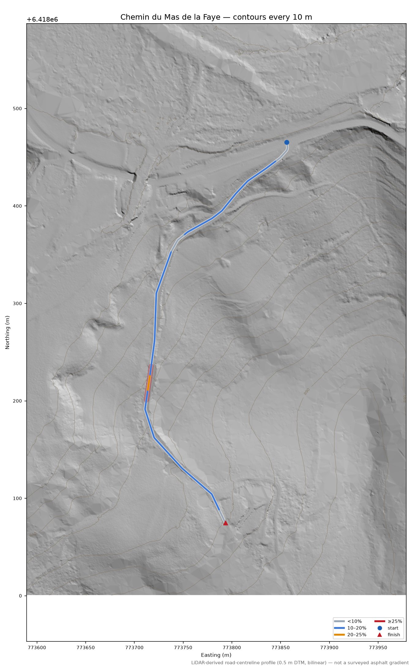 Chemin du Mas de la Faye LiDAR hillshade map with contours