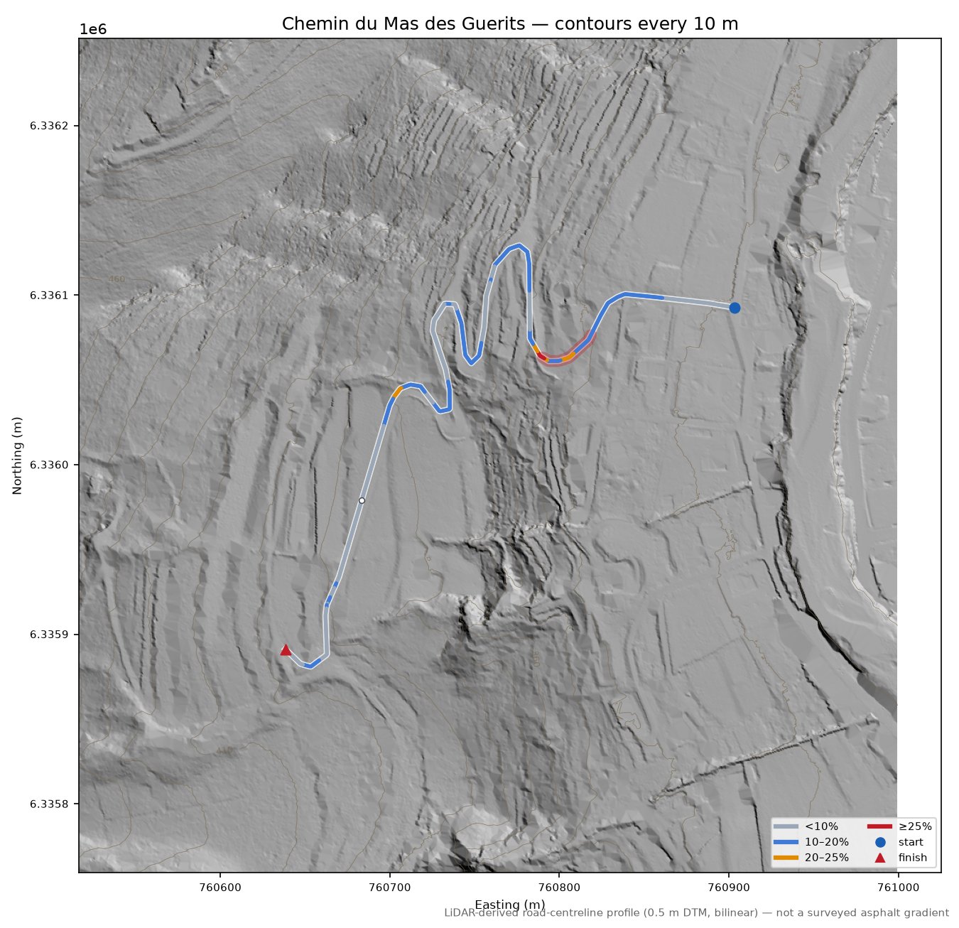Chemin du Mas des Guerits LiDAR hillshade map with contours
