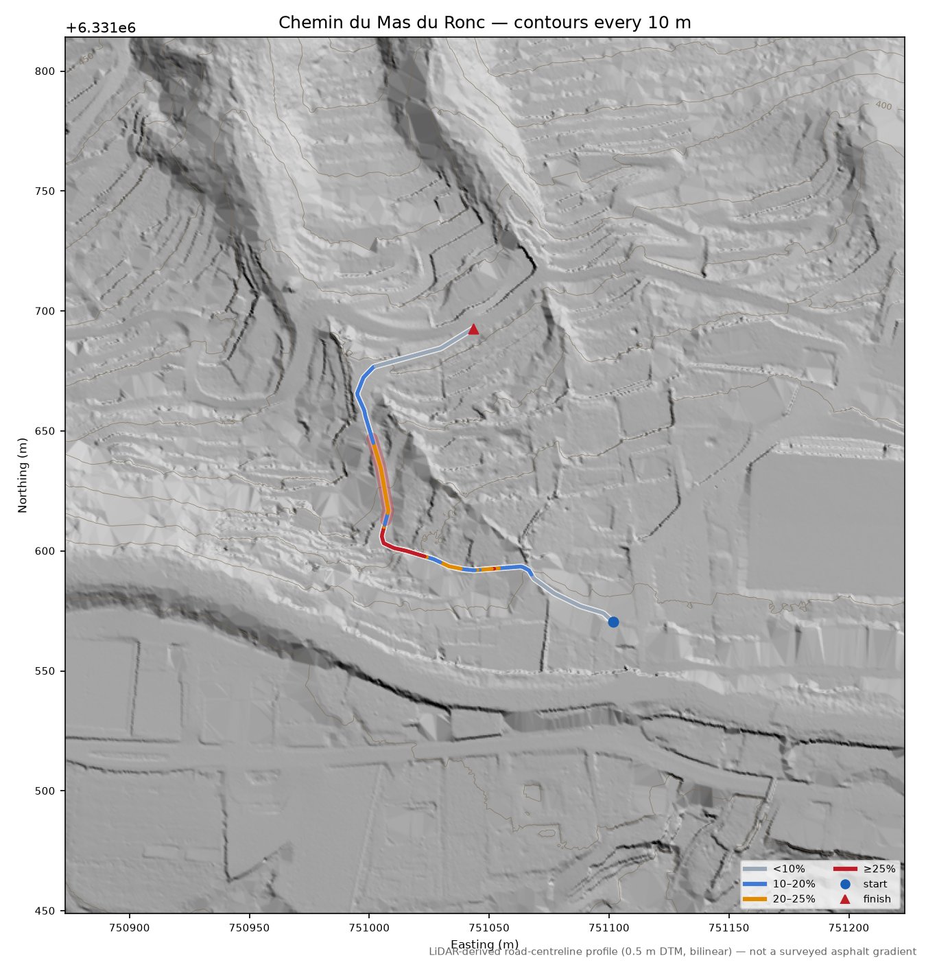 Chemin du Mas du Ronc LiDAR hillshade map with contours
