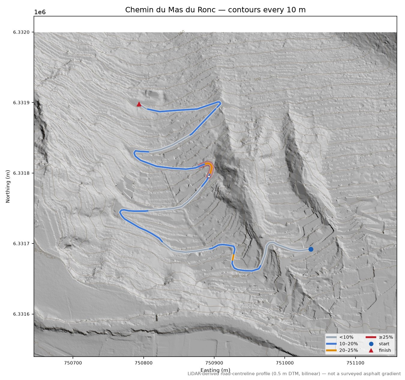 Chemin du Mas du Ronc LiDAR hillshade map with contours