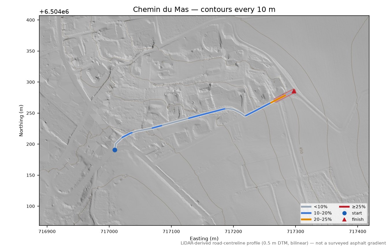 Chemin du Mas LiDAR hillshade map with contours