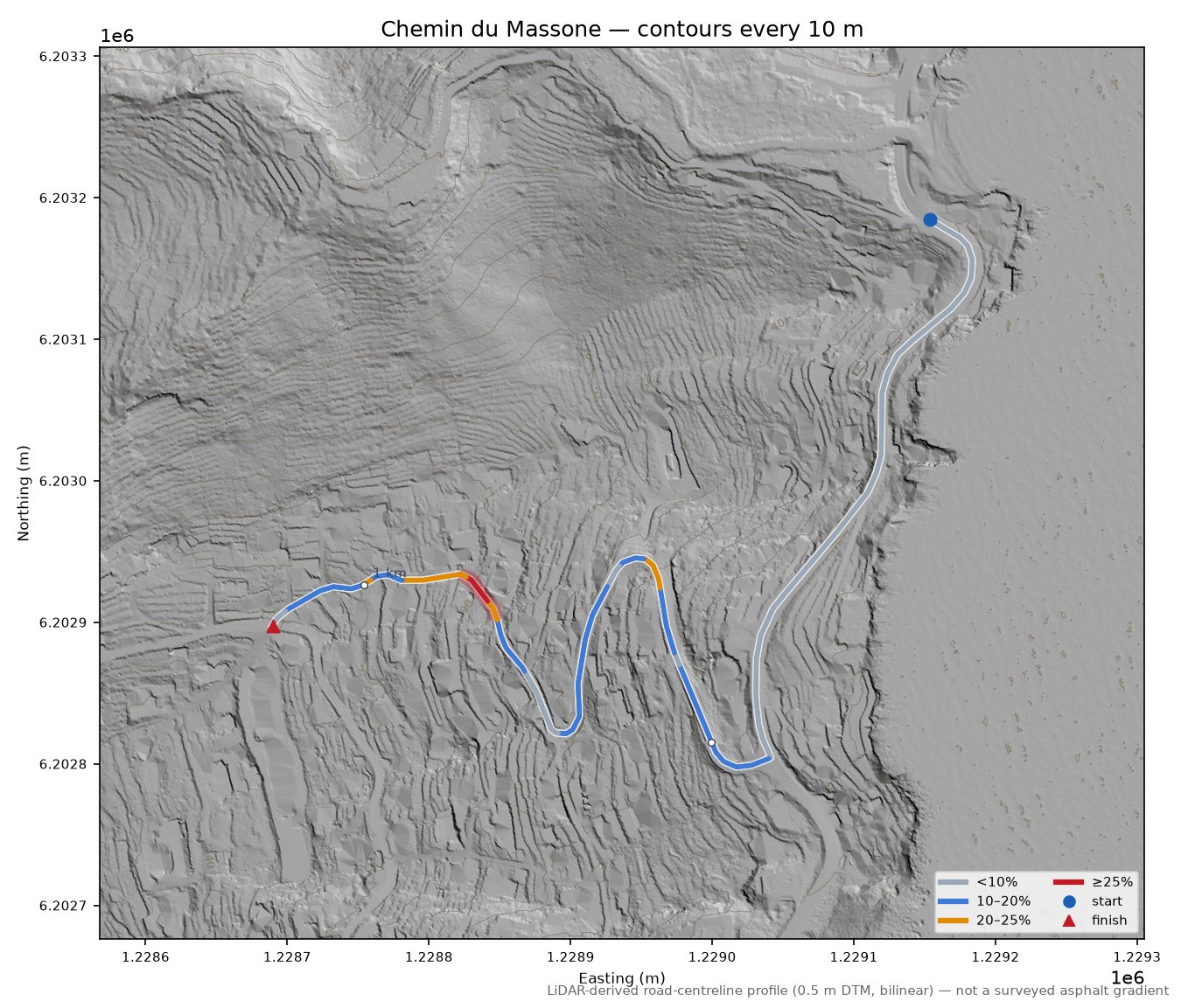 Chemin du Massone LiDAR hillshade map with contours