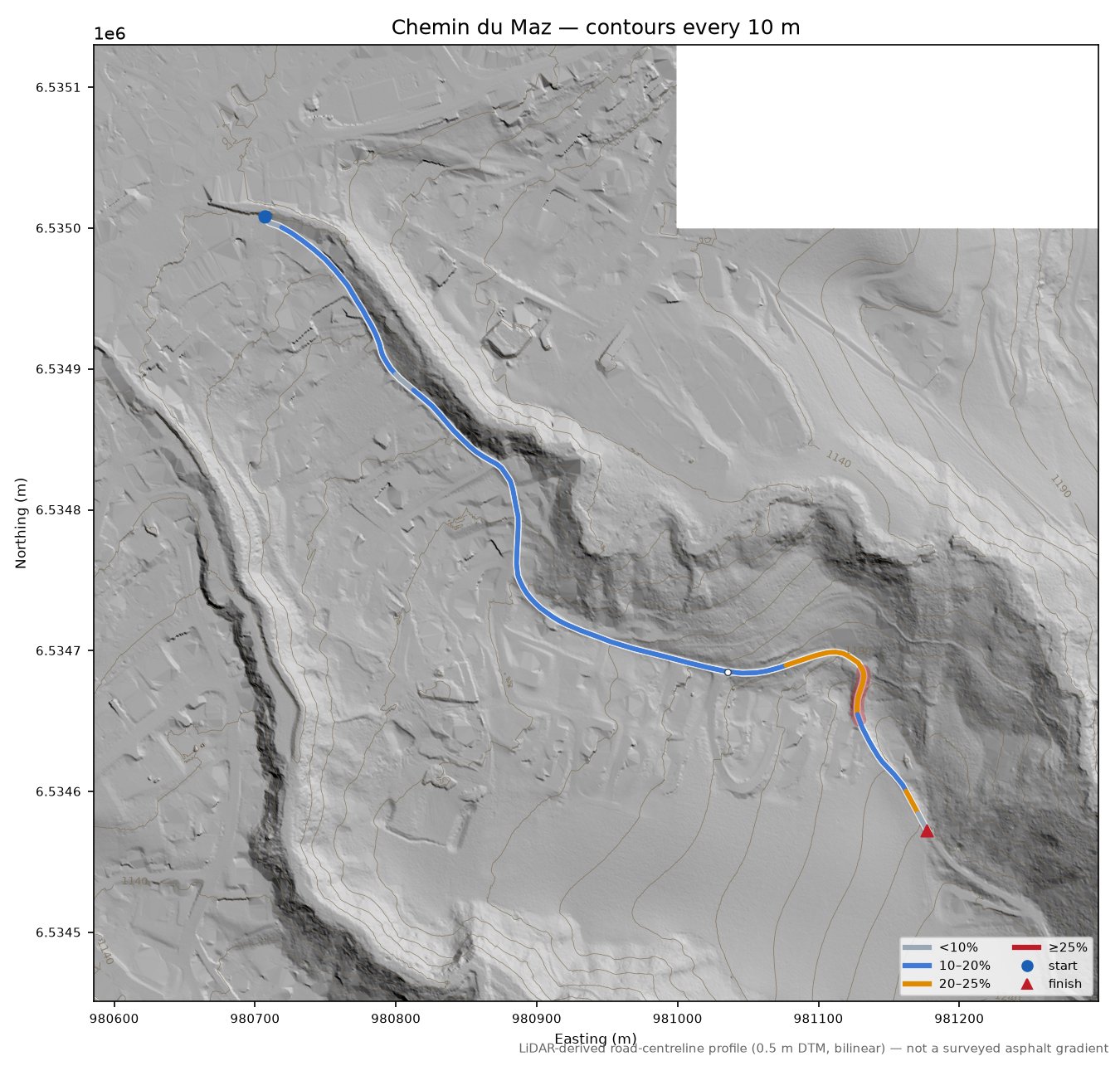 Chemin du Maz LiDAR hillshade map with contours