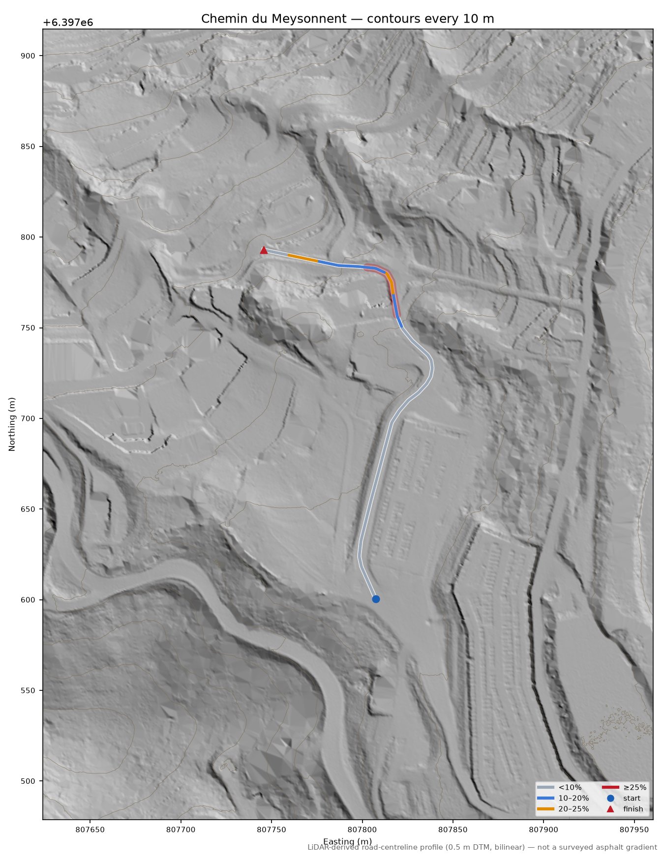 Chemin du Meysonnent LiDAR hillshade map with contours