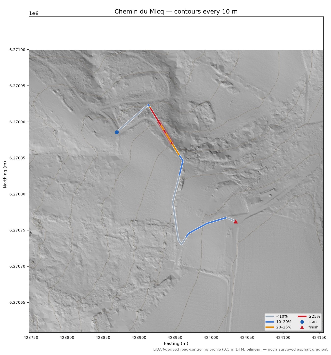 Chemin du Micq LiDAR hillshade map with contours
