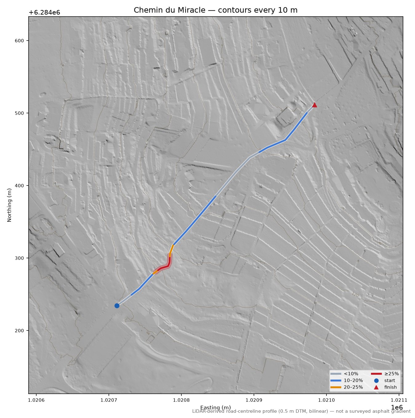 Chemin du Miracle LiDAR hillshade map with contours