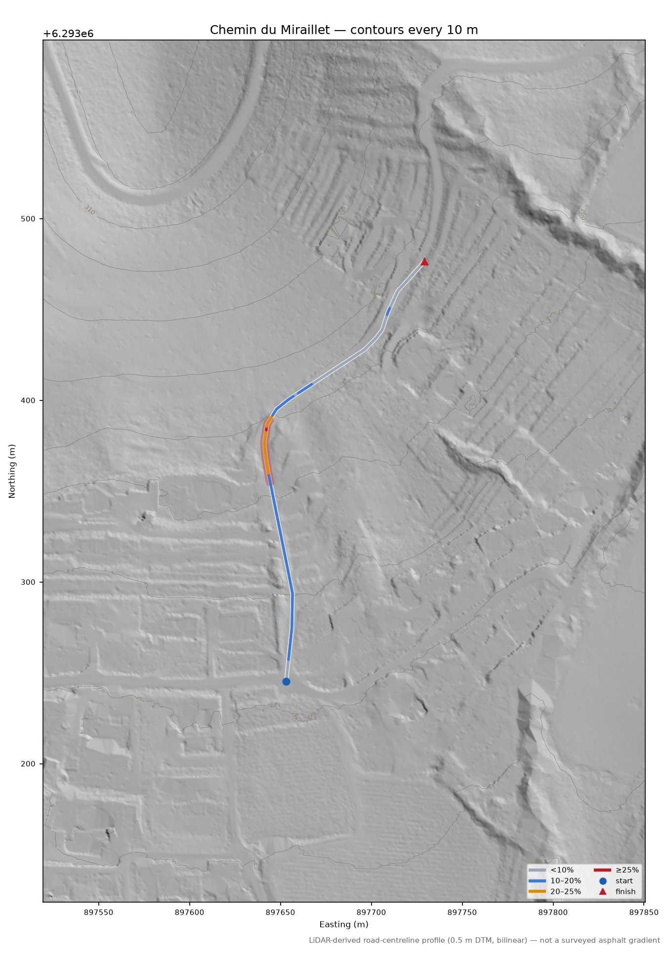 Chemin du Miraillet LiDAR hillshade map with contours