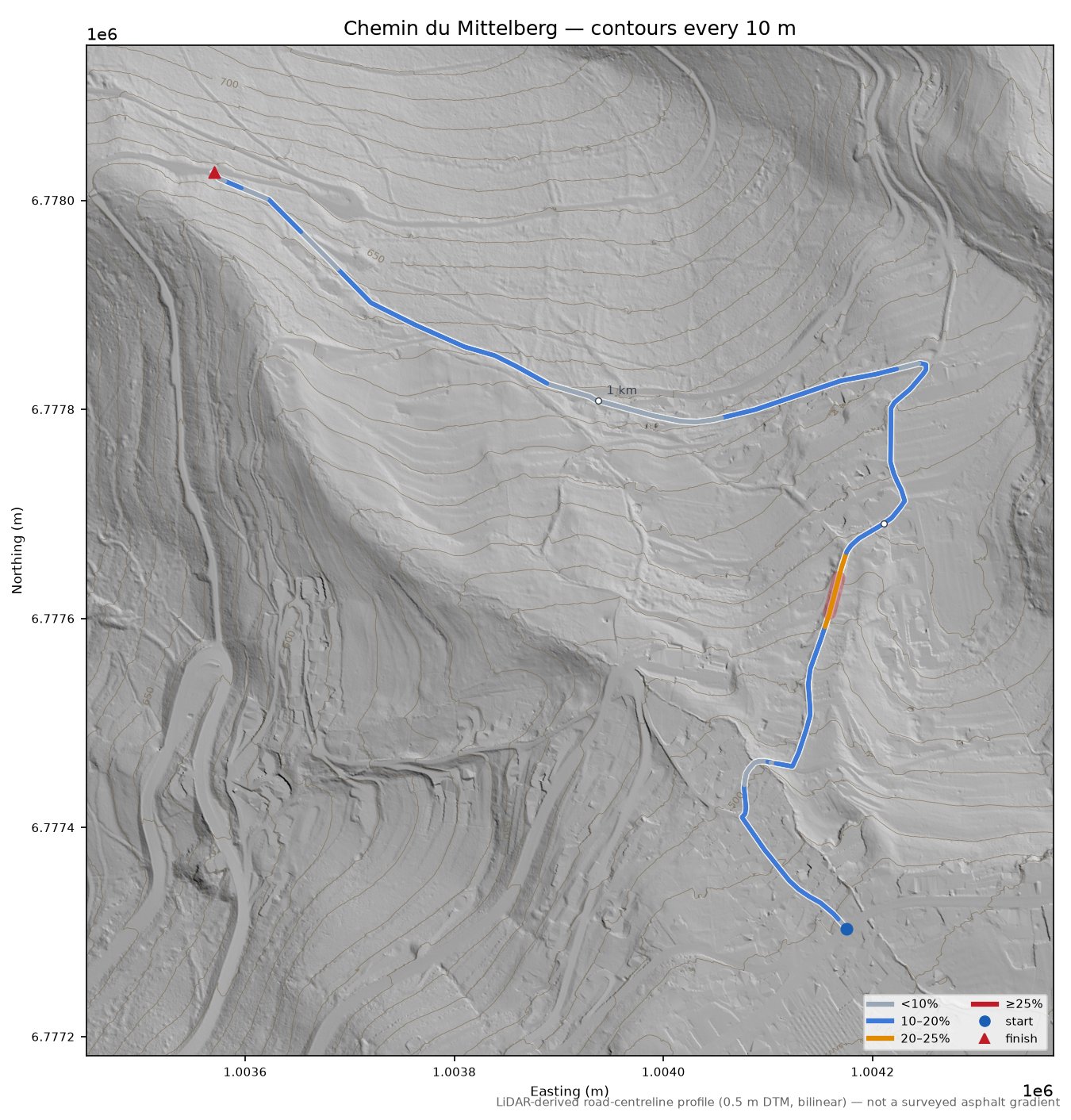 Chemin du Mittelberg LiDAR hillshade map with contours